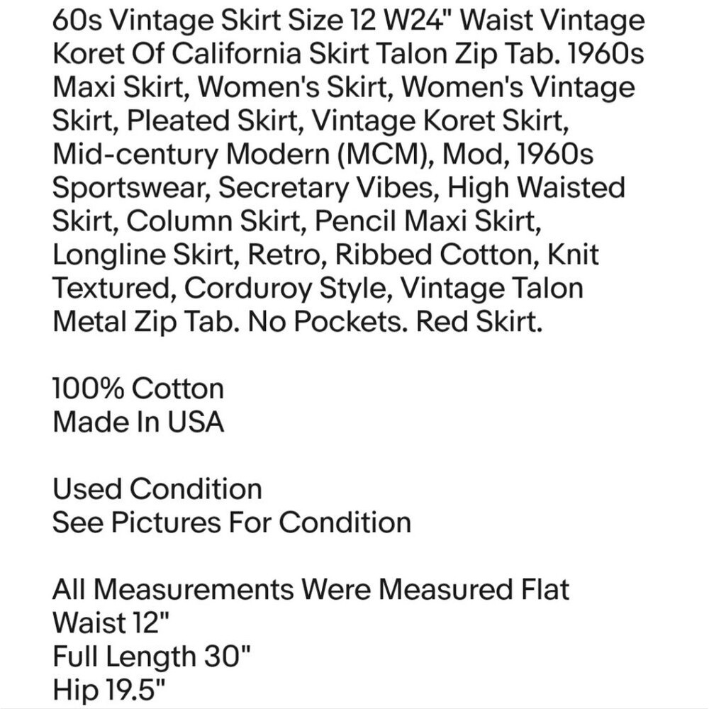 60s Vintage Skirt Size 12 W24" Waist Vintage Koret Of California Skirt Talon Zip - Picture 2 of 9